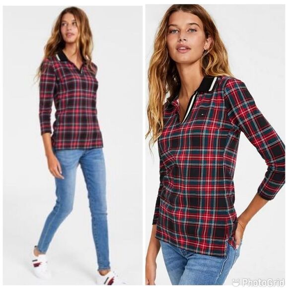 New Tommy Hilfiger Johnny-Collar 3/4-Sleeve Plaid Top - Picture 1 of 13